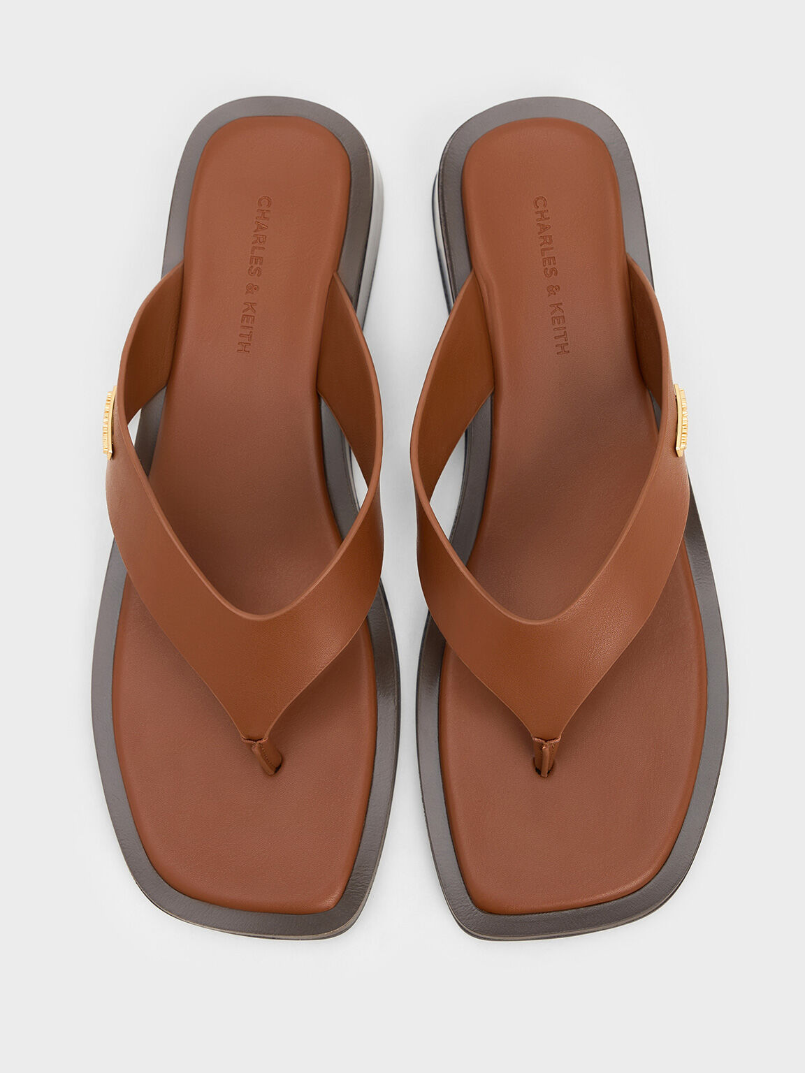 V-Strap Wedge Thong Sandals, Brown, hi-res