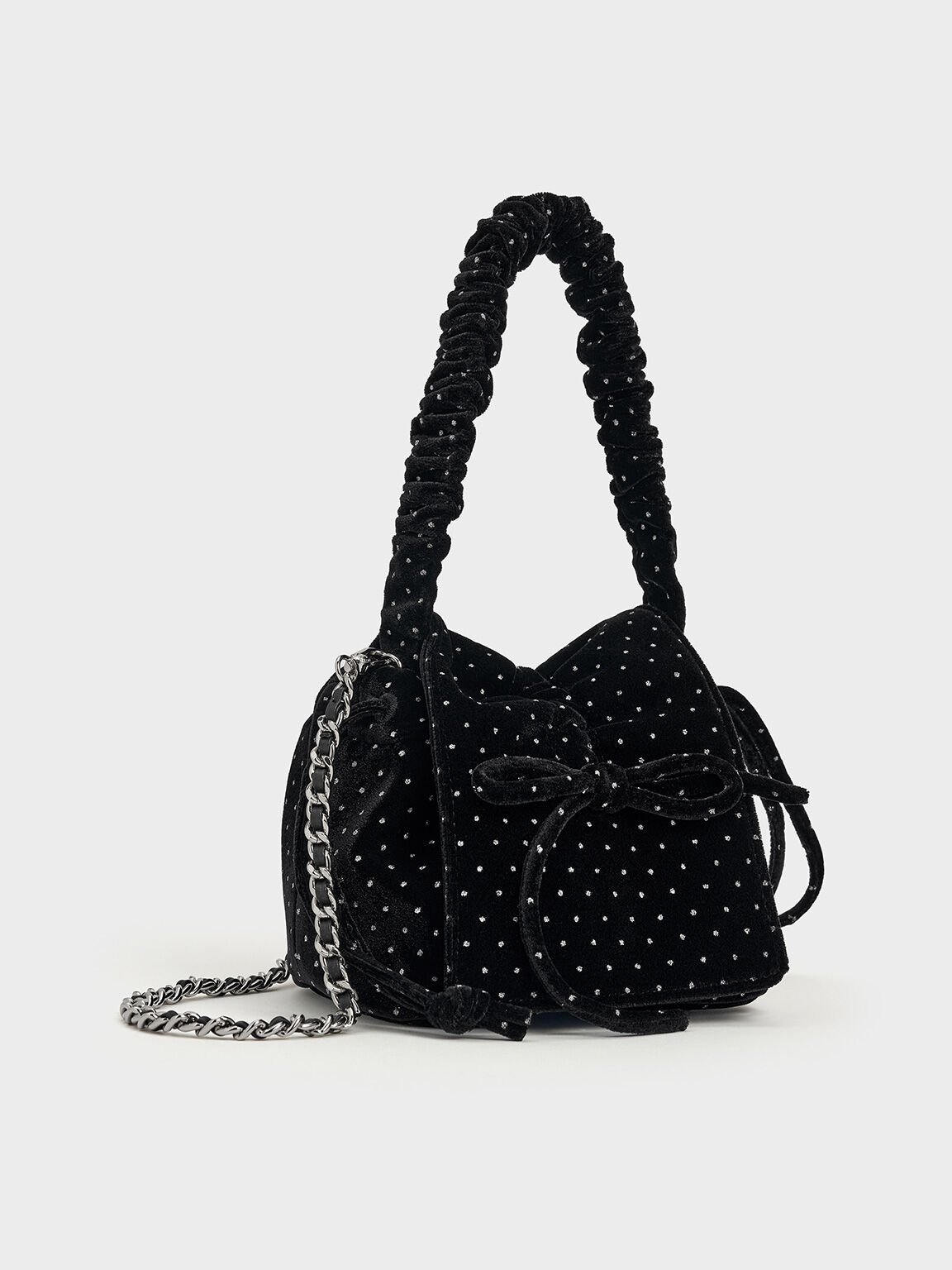 Bolso de lunares en terciopelo con asa superior arrugada y lazo, Negro texturizado, hi-res