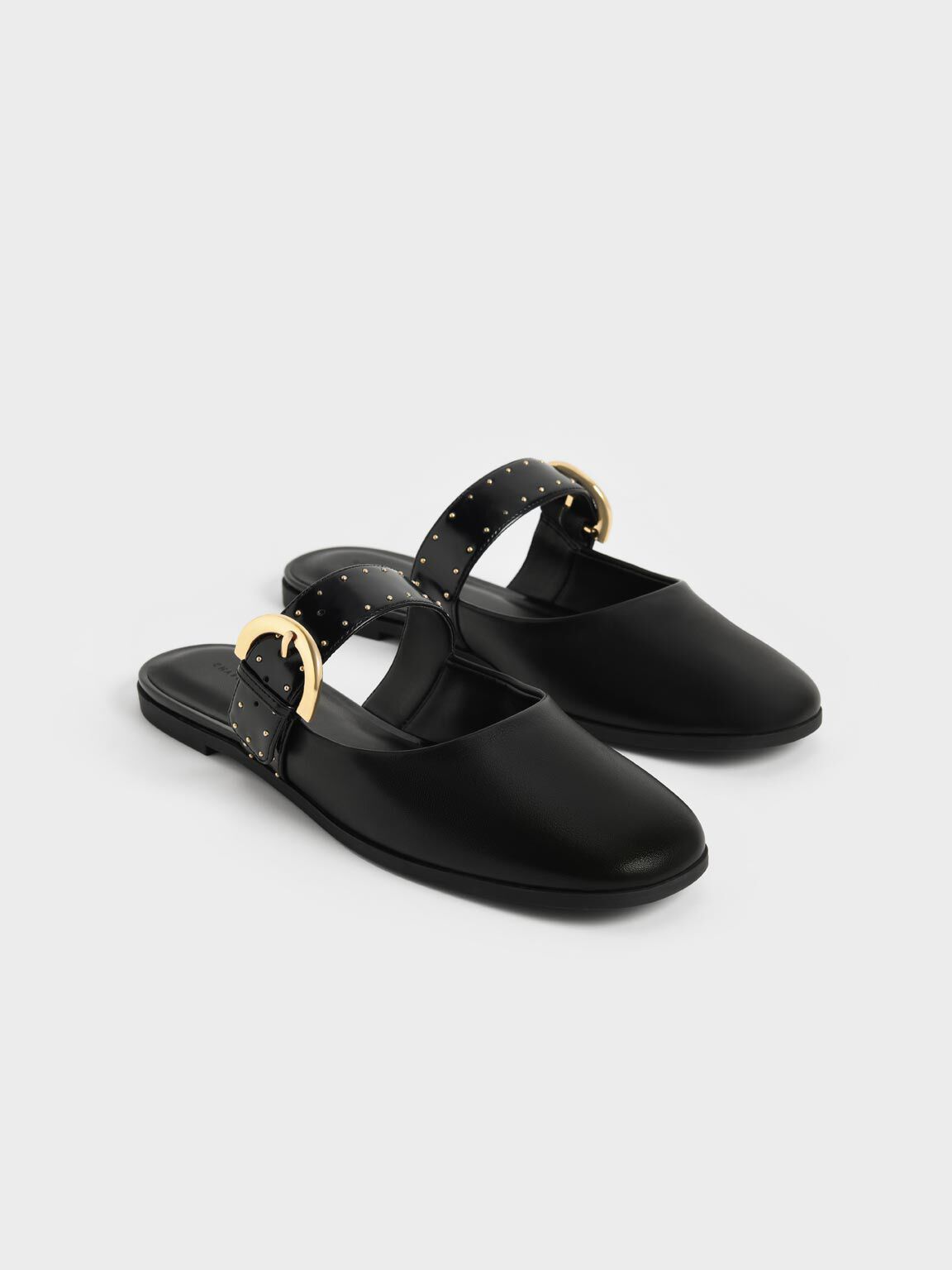 Black Studded Buckled Flat Mules - CHARLES & KEITH KH