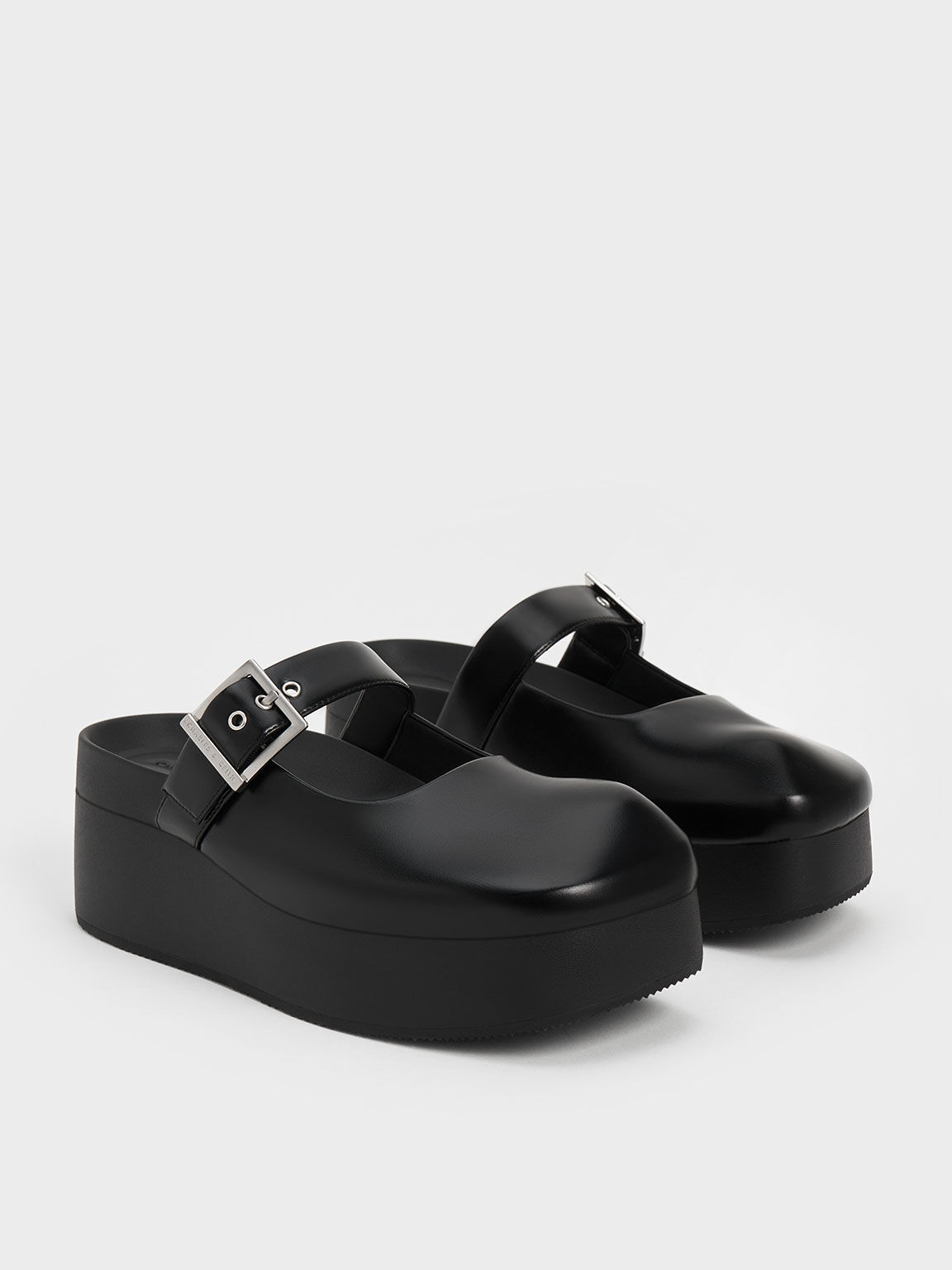 Buckle-Strap Flatform Mules, Black, hi-res