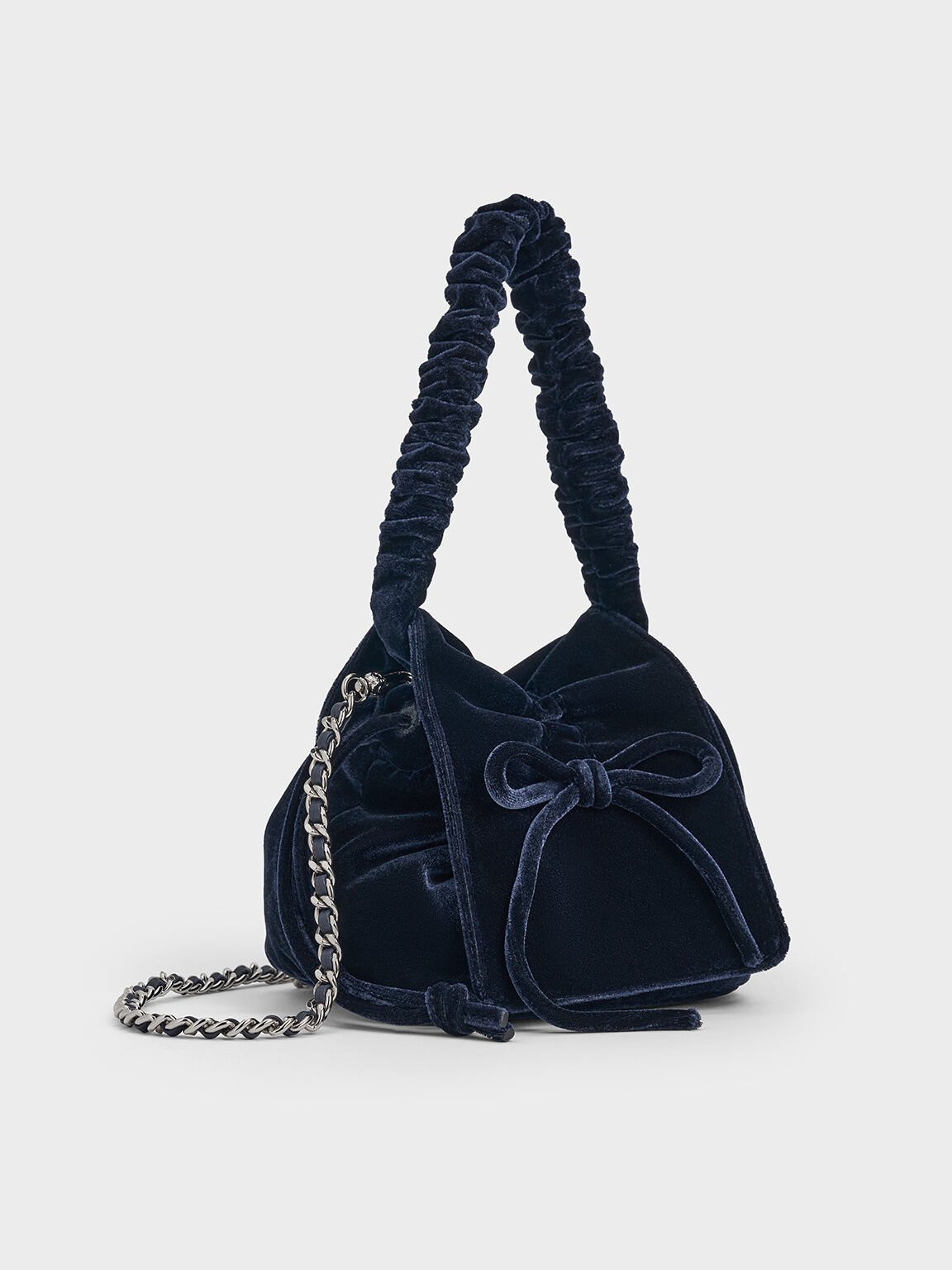 Velvet Bow Ruched Top Handle Bag, Dark Blue, hi-res