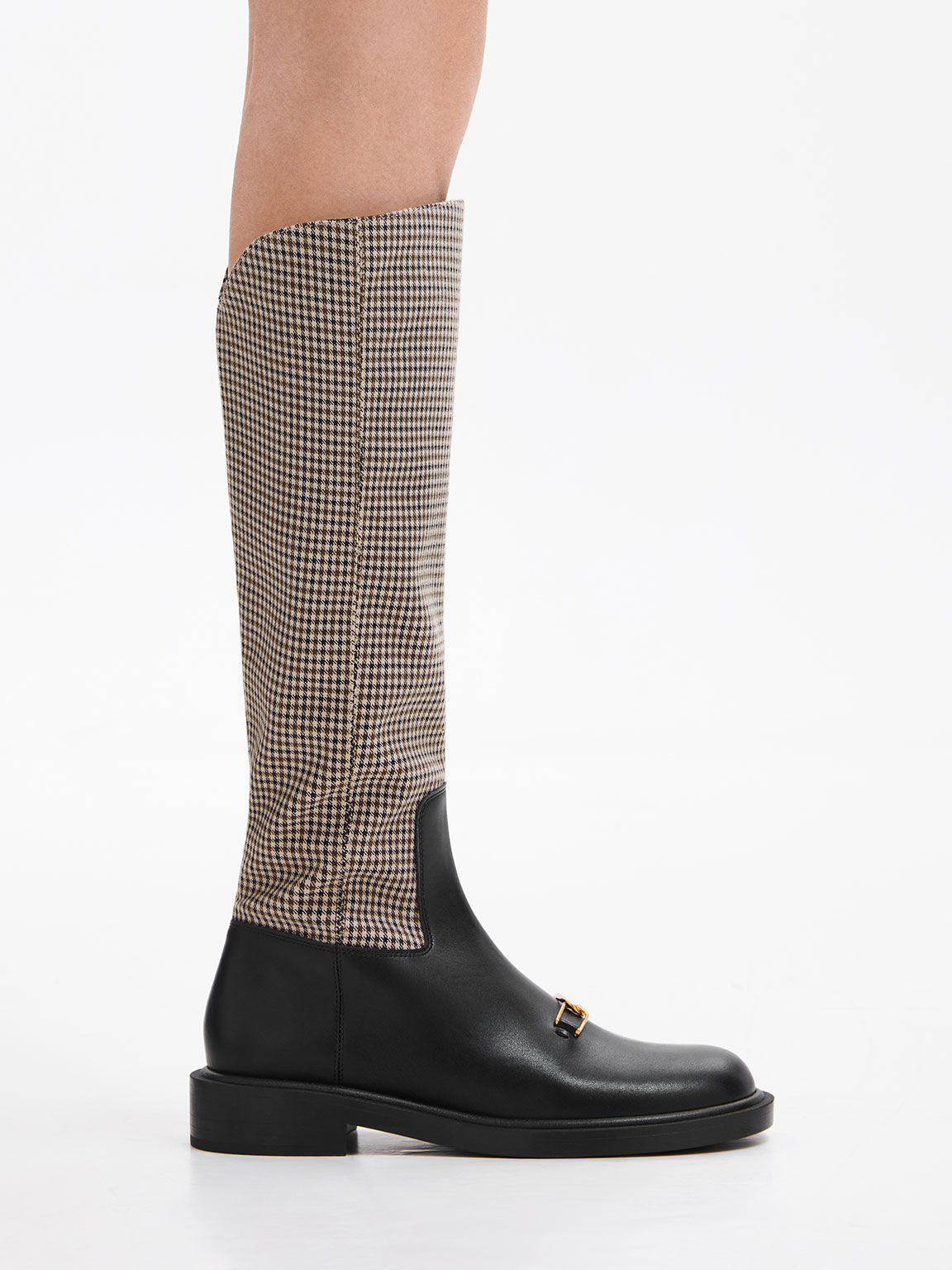 Gabine Leather Checkered Interlocking-Accent Knee-High Boots, Multi, hi-res