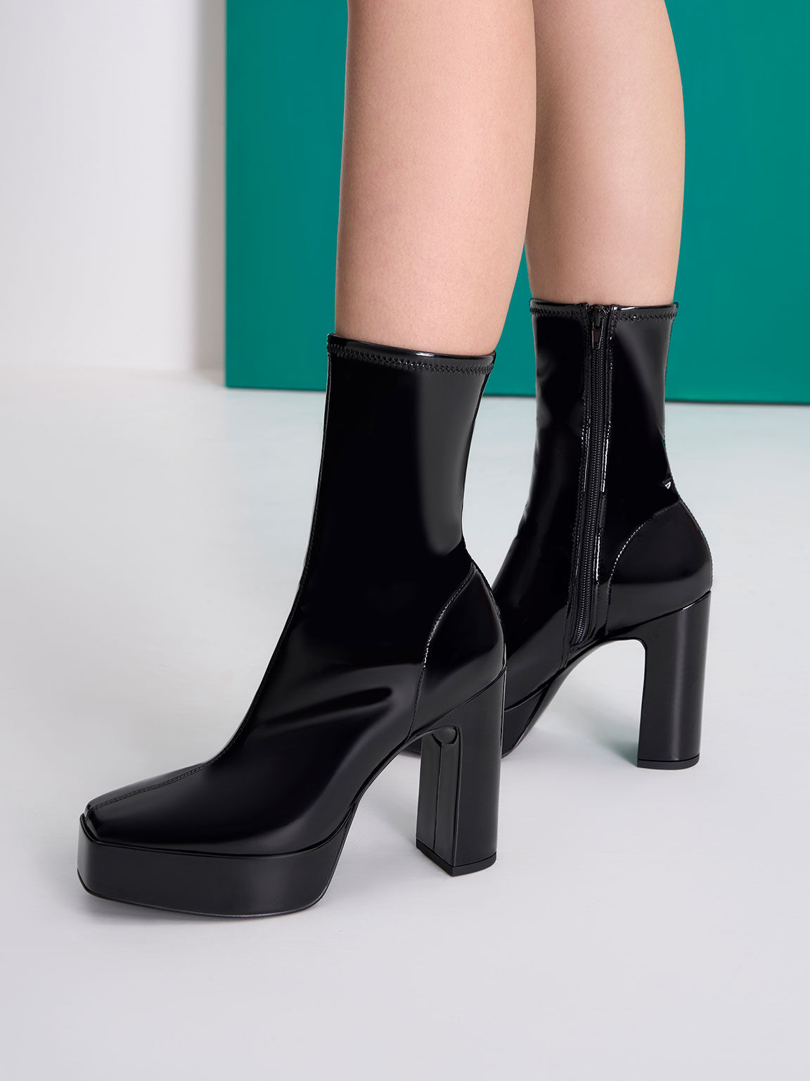 Patent Platform Block Heel Ankle Boots - Black