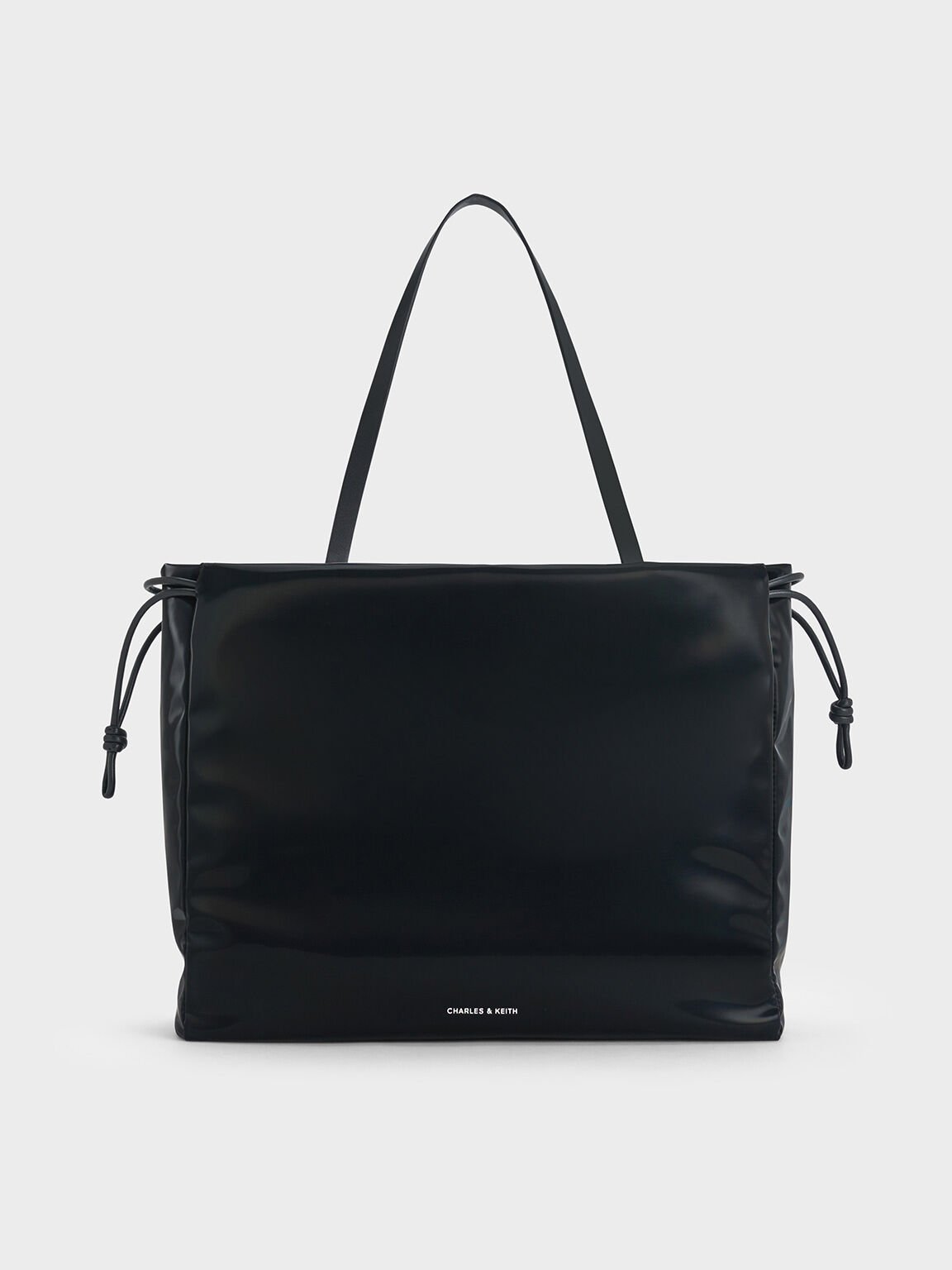 Bethel Shiny Ruched Drawstring Tote Bag, Jet Black, hi-res