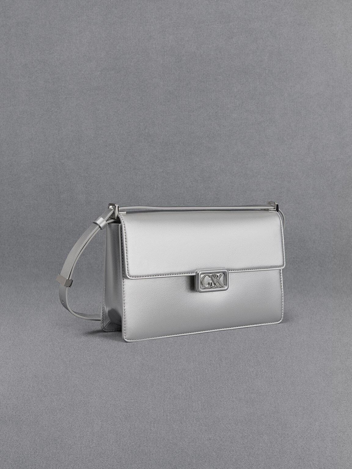 Metallic Leather Shoulder Bag, Silver, hi-res