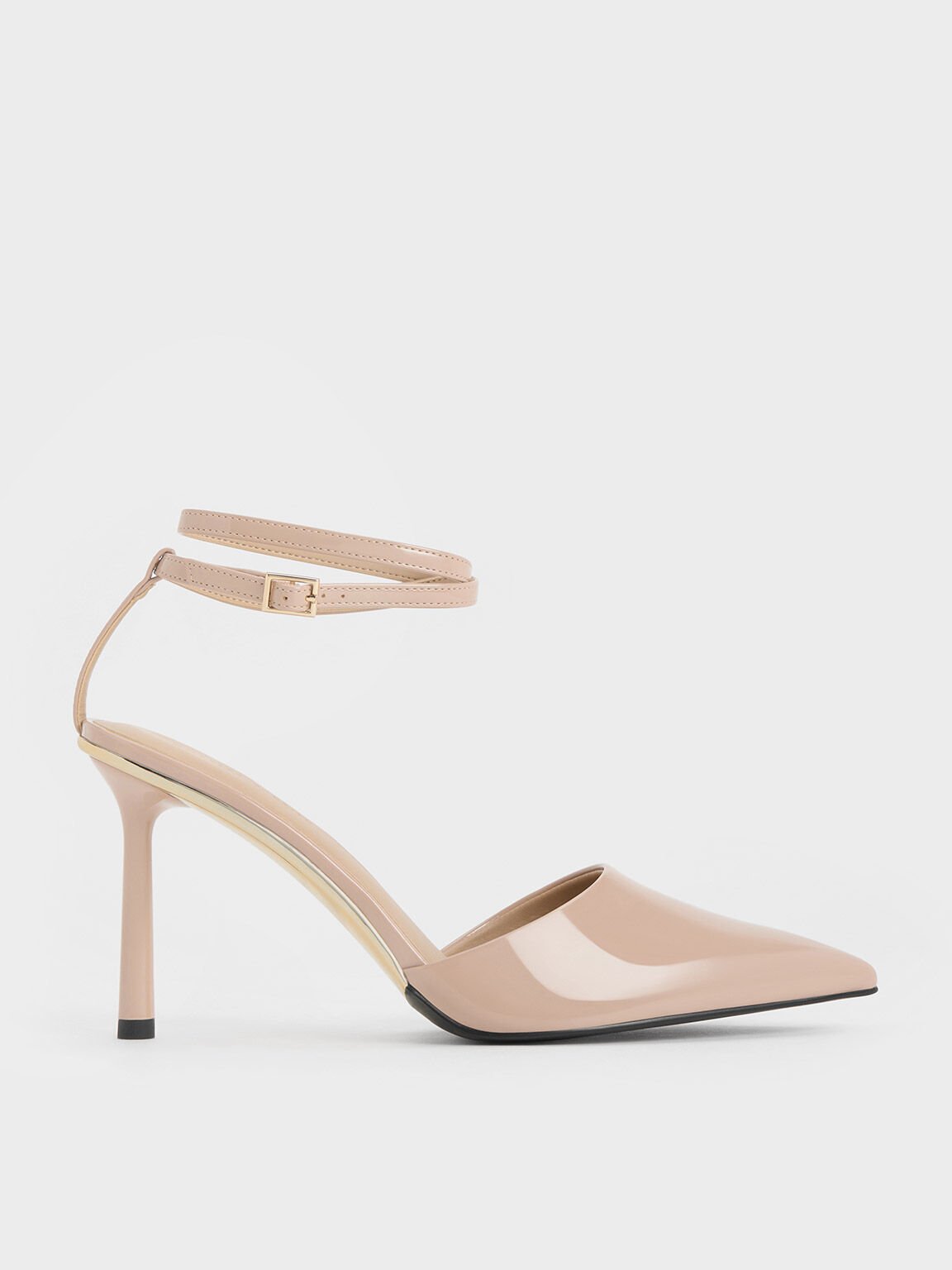 Patent Pointed-Toe Ankle-Strap Pumps - Nude