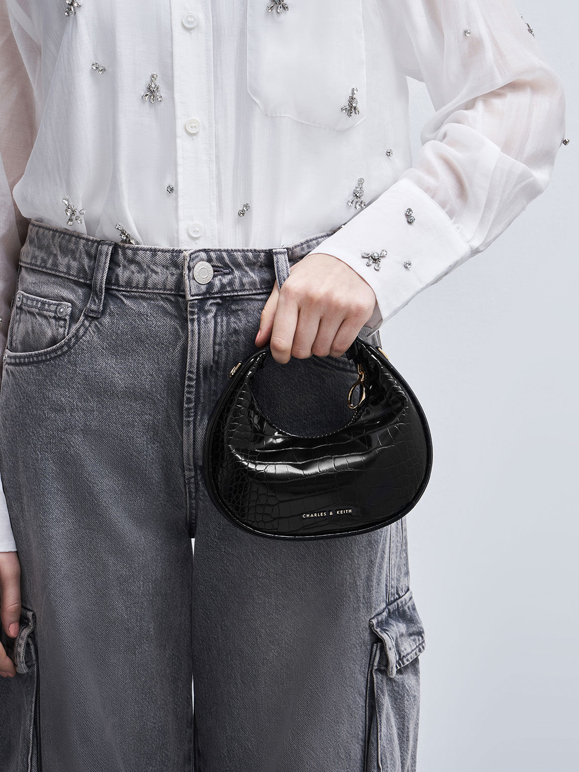 Mini Croc-Effect Moon Bag, Black, hi-res