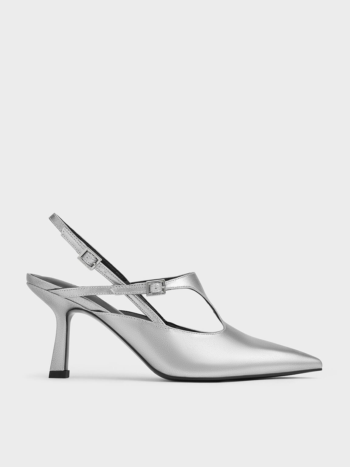 Metallic Cut-Out Pointed-Toe Slingback Pumps, Silver, hi-res