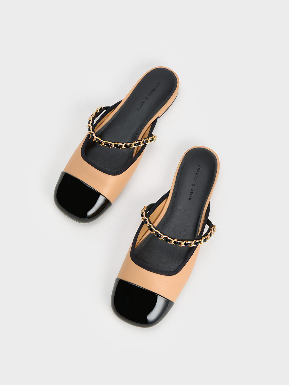 Beige Patent Two-Tone Chain-Strap Mules - CHARLES & KEITH US