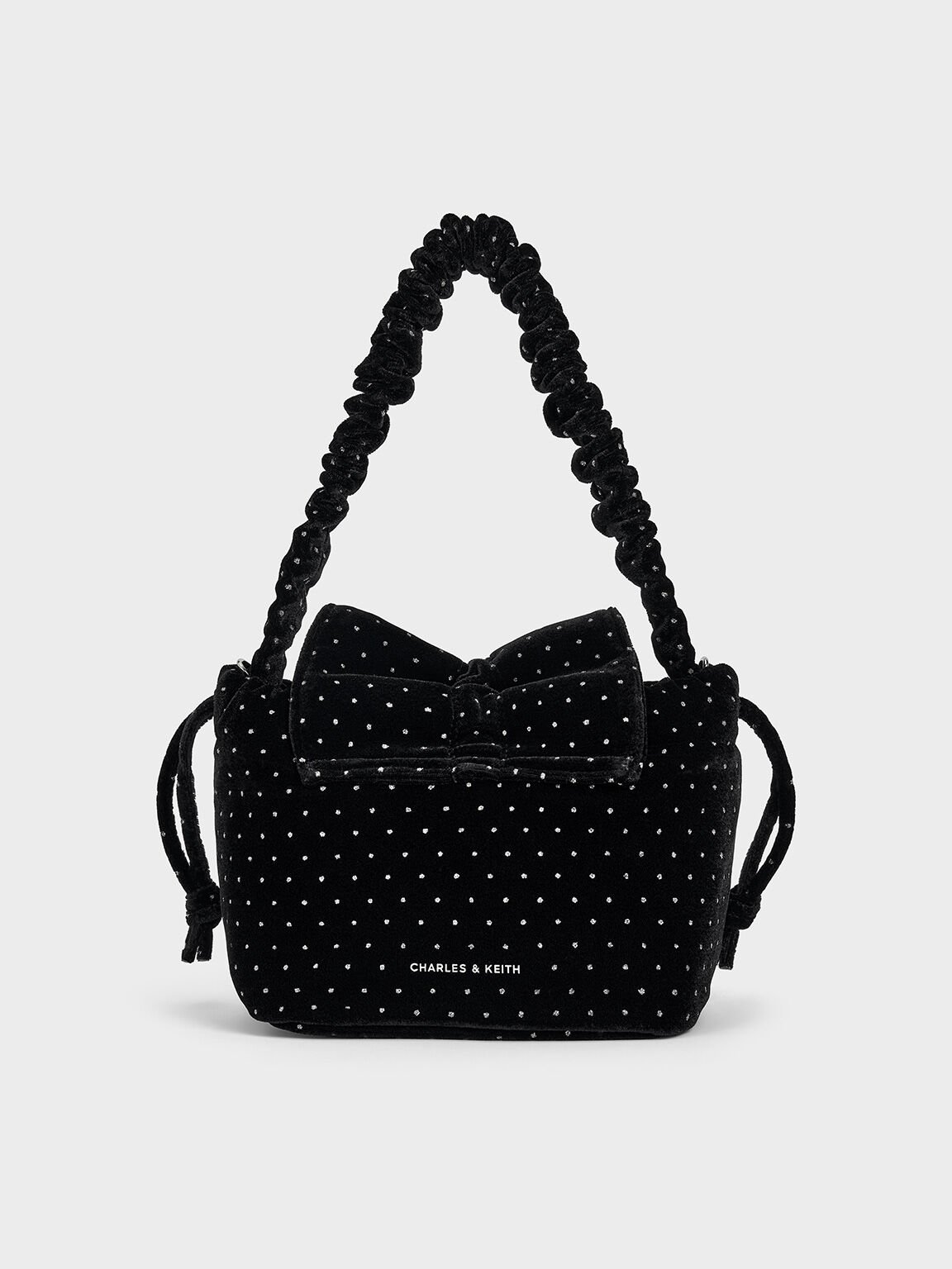 Bolso de lunares en terciopelo con asa superior arrugada y lazo, Negro texturizado, hi-res