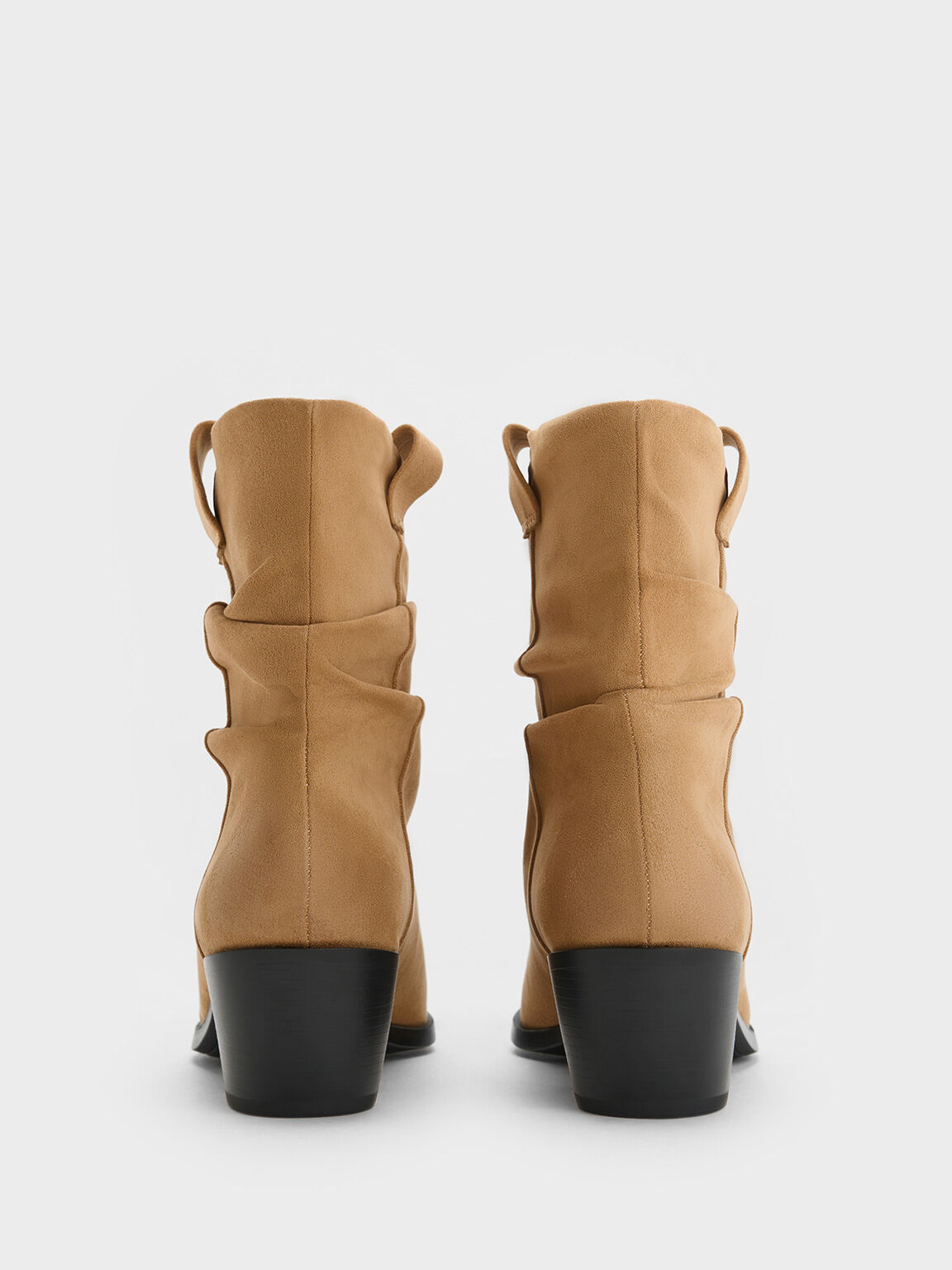 Textured Ruched Almond-Toe Cowboy Ankle Boots, Tan, hi-res