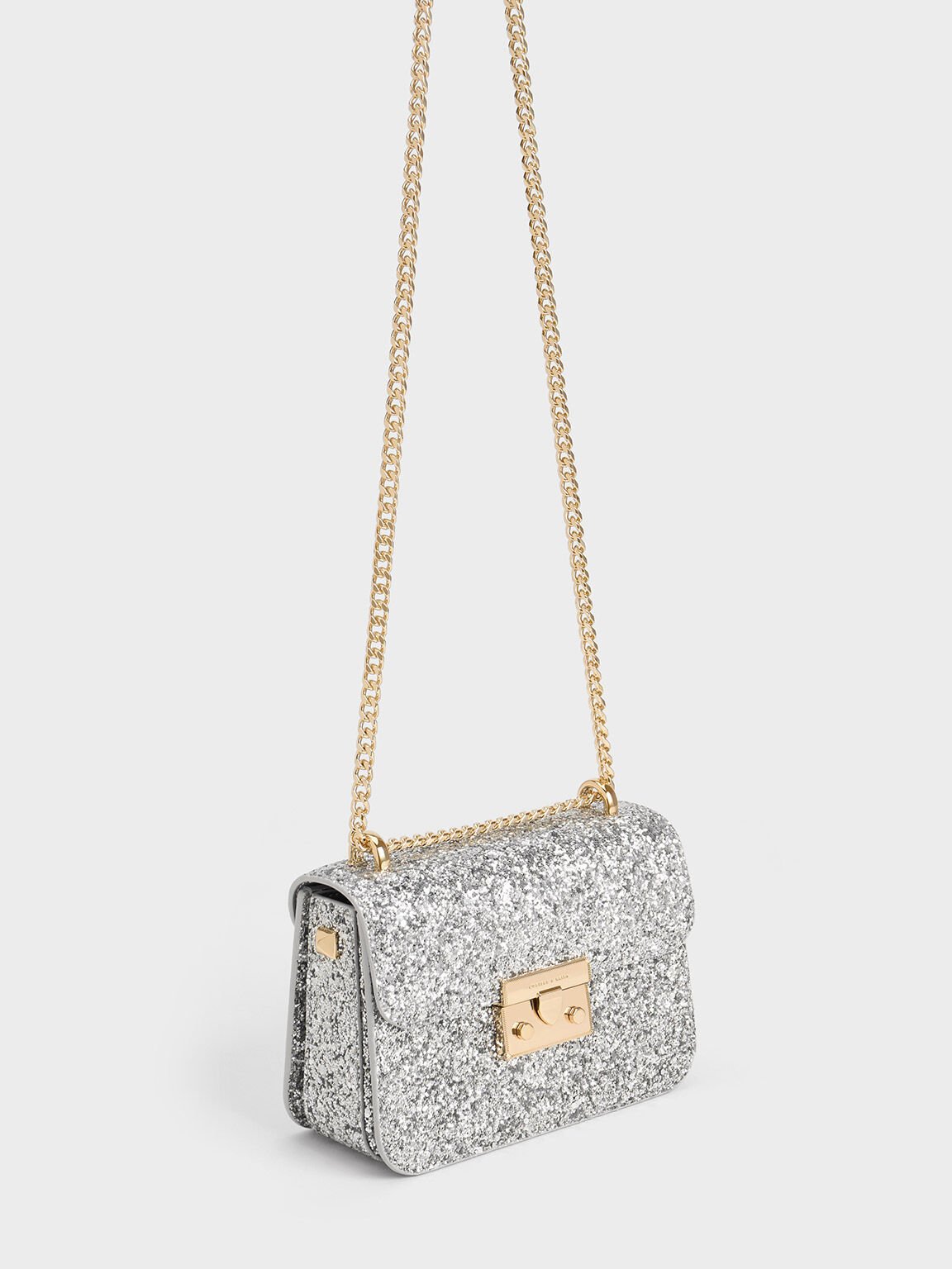 Silver Glittered Push-Lock Chain-Handle Bag - CHARLES & KEITH CA