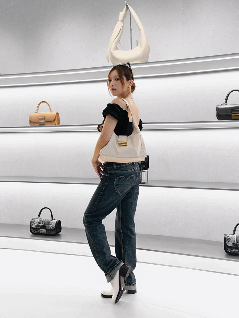 Charlot Hobo Bag in oat and Rooney Furry Buckled Block-Heel Mary Janes in white - CHARLES & KEITH