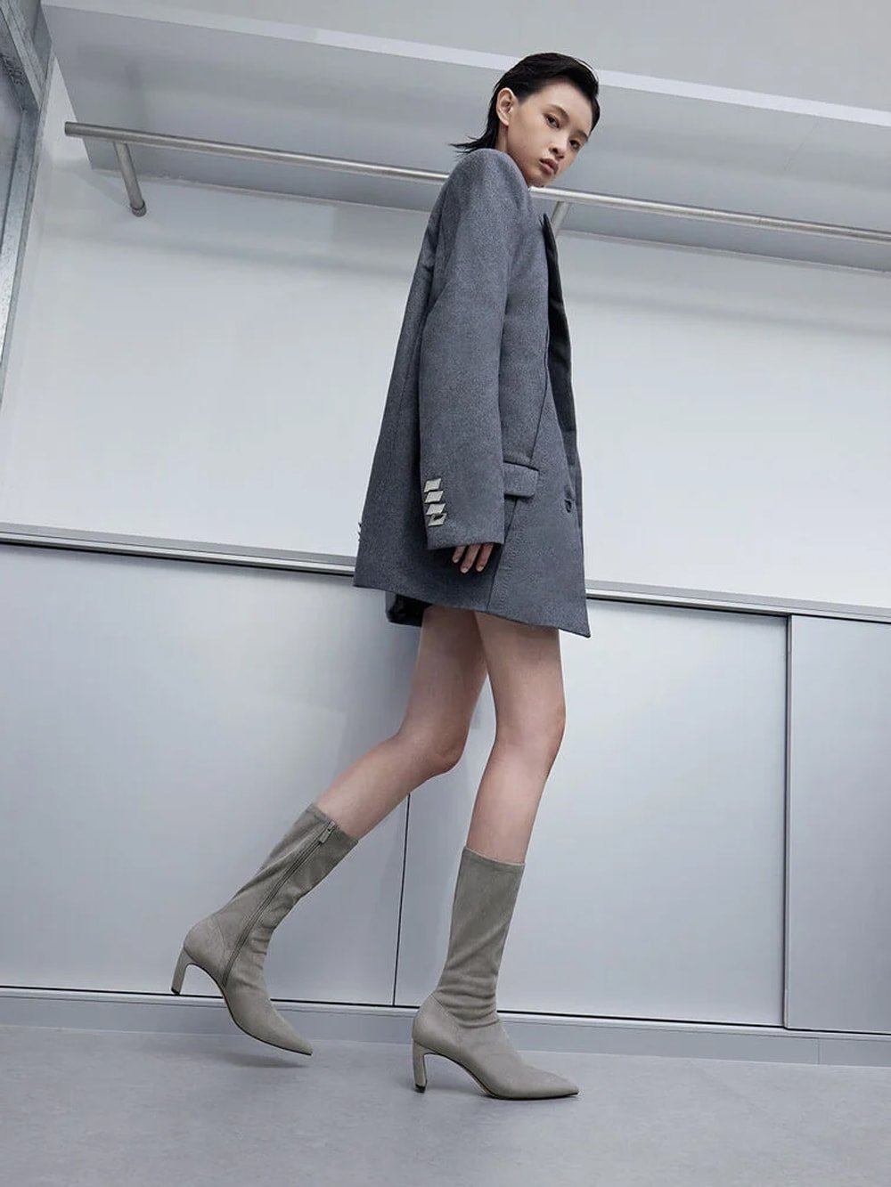 Grey Faux Suede Blade-Heel Pointed-Toe Calf Boots - CHARLES & KEITH