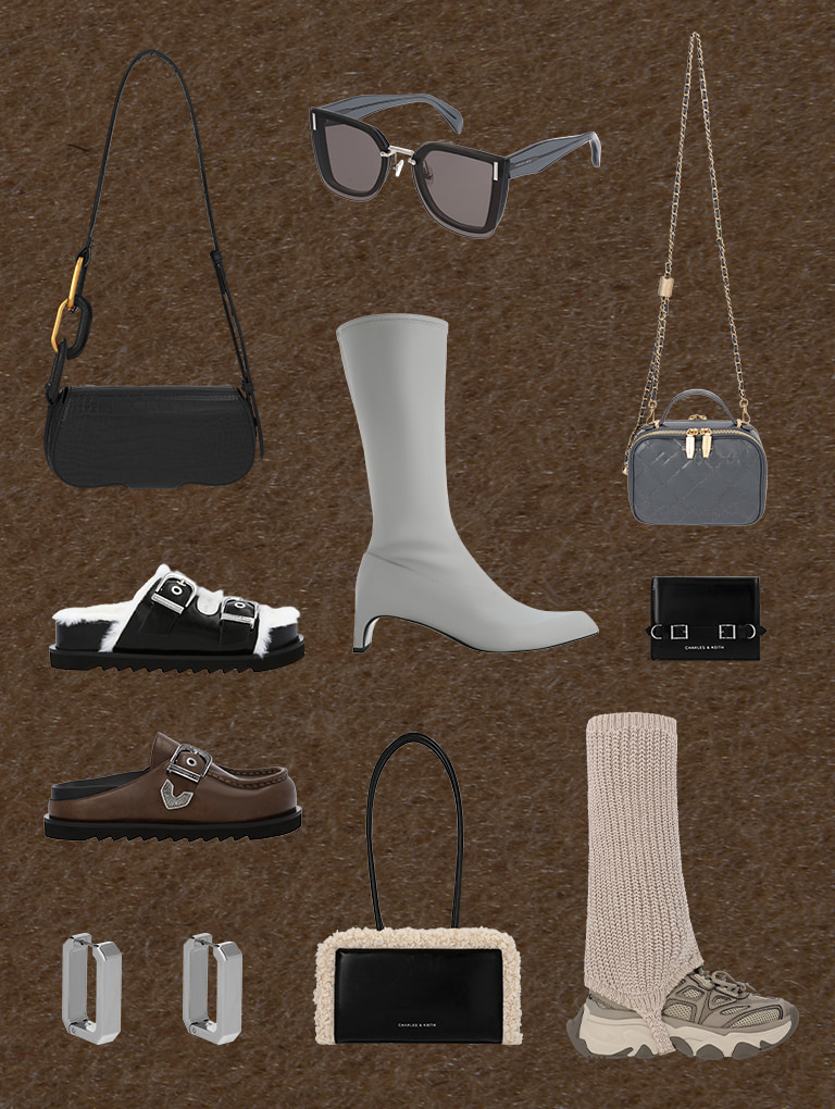 Women’s mini Kora croc-effect metallic-accent elongated bag in black, Jill recycled acetate geometric butterfly sunglasses in navy,  Gaskell metallic mesh chunky sneakers in taupe, Hannah furry buckled double-strap sandals in black, Keziah rectangle hoop earrings in silver, Lorde blade-heel pointed-toe calf boots in grey, Kirke buckle-strap flatform mules in dark brown, fur-trim elongated-handle shoulder bag in chalk - CHARLES & KEITH