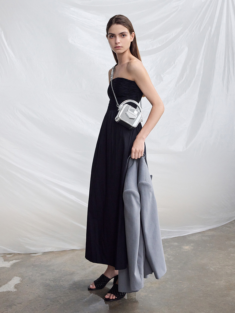 Women’s mini Vertigo metallic boxy top handle bag in silver — CHARLES & KEITH