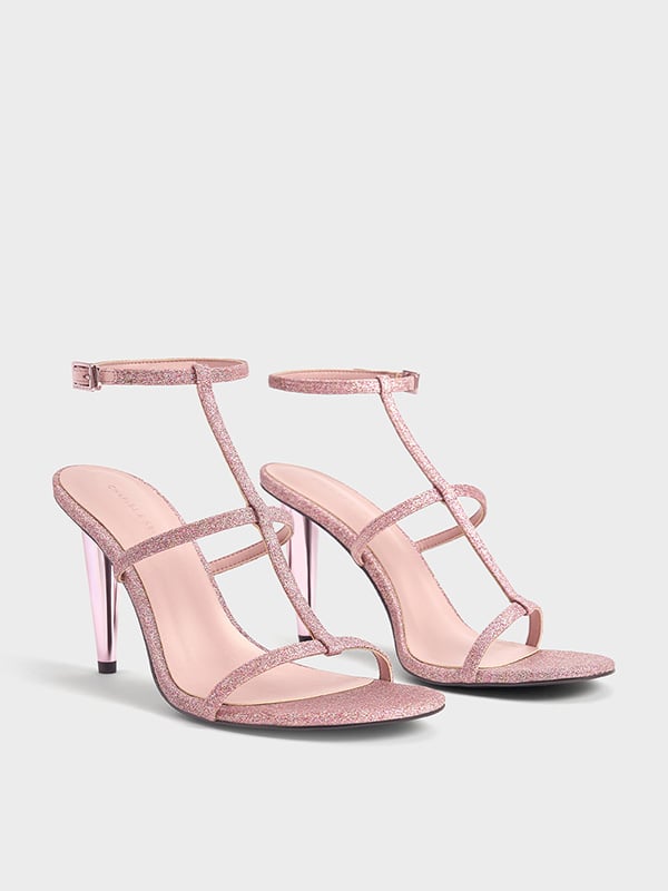 Women's Pink Metallic T-Bar Ankle-Strap Sandals - CHARLES & KEITH