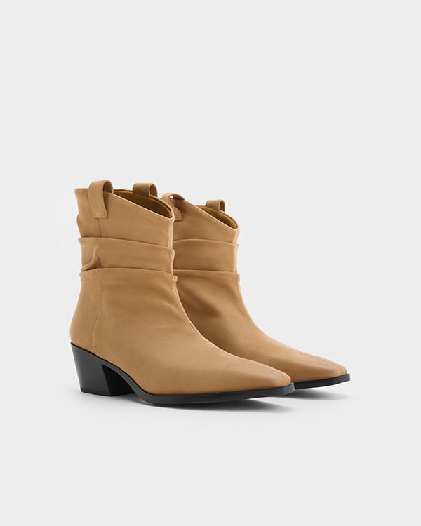 Women's Tan Textured Ruched Almond-Toe Cowboy Ankle Boots - CHARLES & KEITH