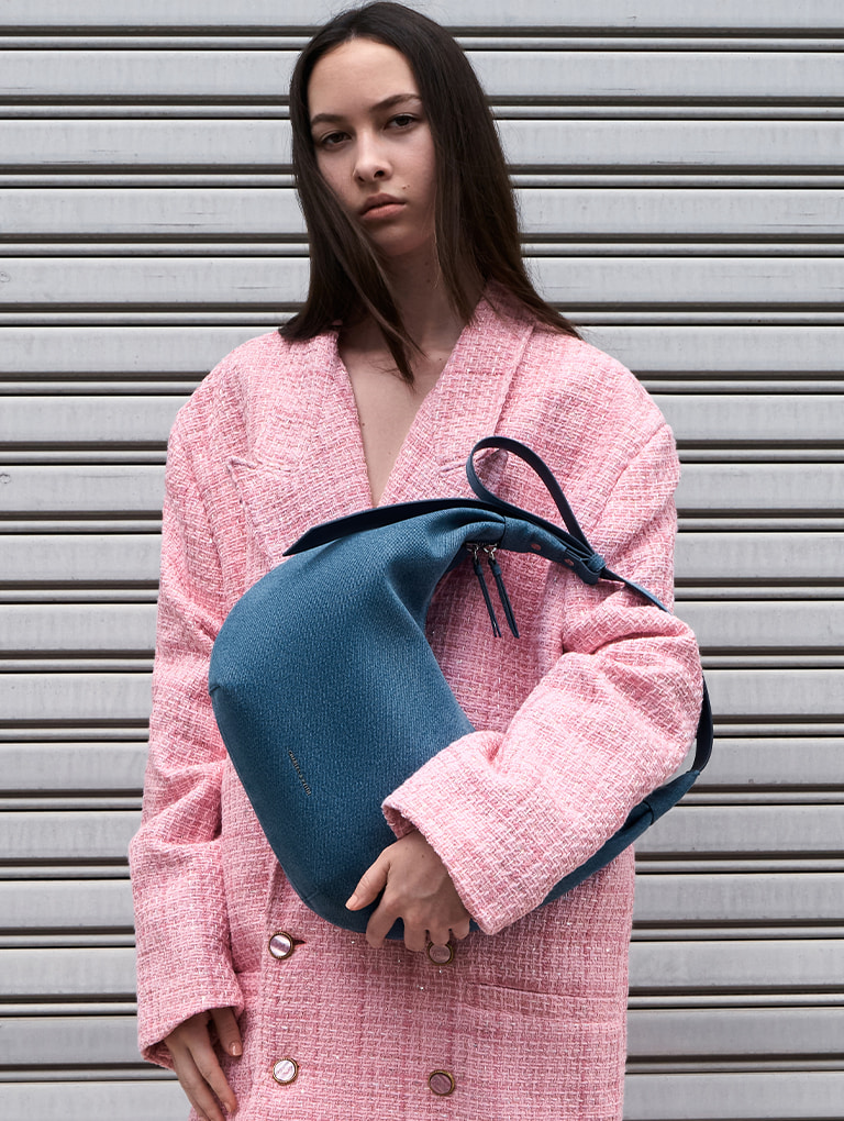 Women’s Odella denim curved hobo bag in blue - CHARLES & KEITH