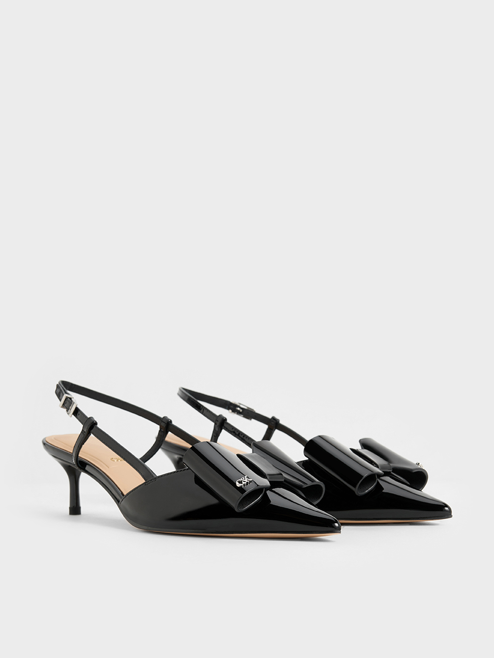 Women's Black Lu Patent Leather Bow Slingback Pumps - CHARLES & KEITH