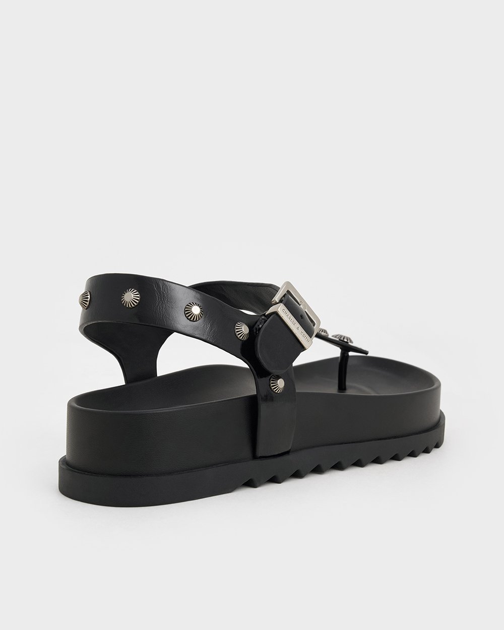 Women’s Studded Heart-Embellished Thong Sandals in black and silver - CHARLES & KEITH