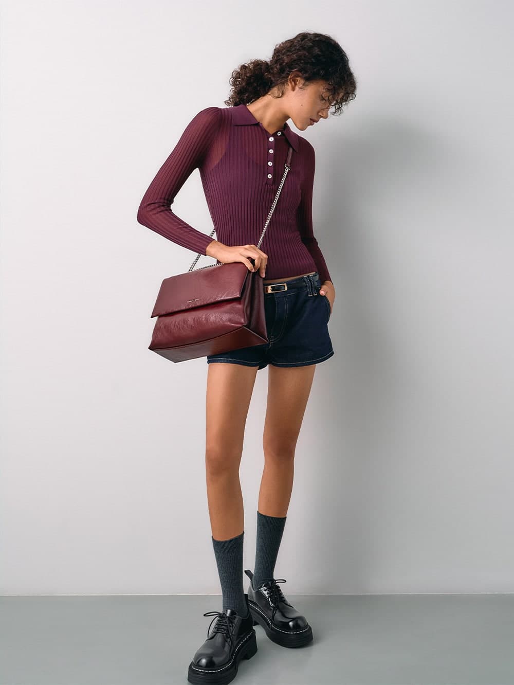 Women's Burgundy Sianna Chain-Handle Shoulder Bag - CHARLES & KEITH