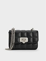 Noir Patent Square-Quilted Chain-Handle Bag - CHARLES & KEITH