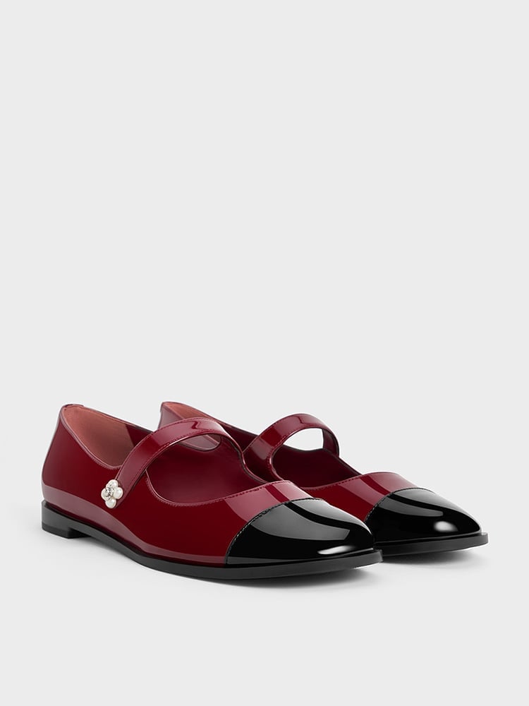 Maroon Patent Pearl-Embellished Flower-Buckle Cap-Toe Mary Janes - CHARLES & KEITH