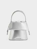 Silver Metallic Ruched-Flap Drawstring Bucket Bag - CHARLES & KEITH