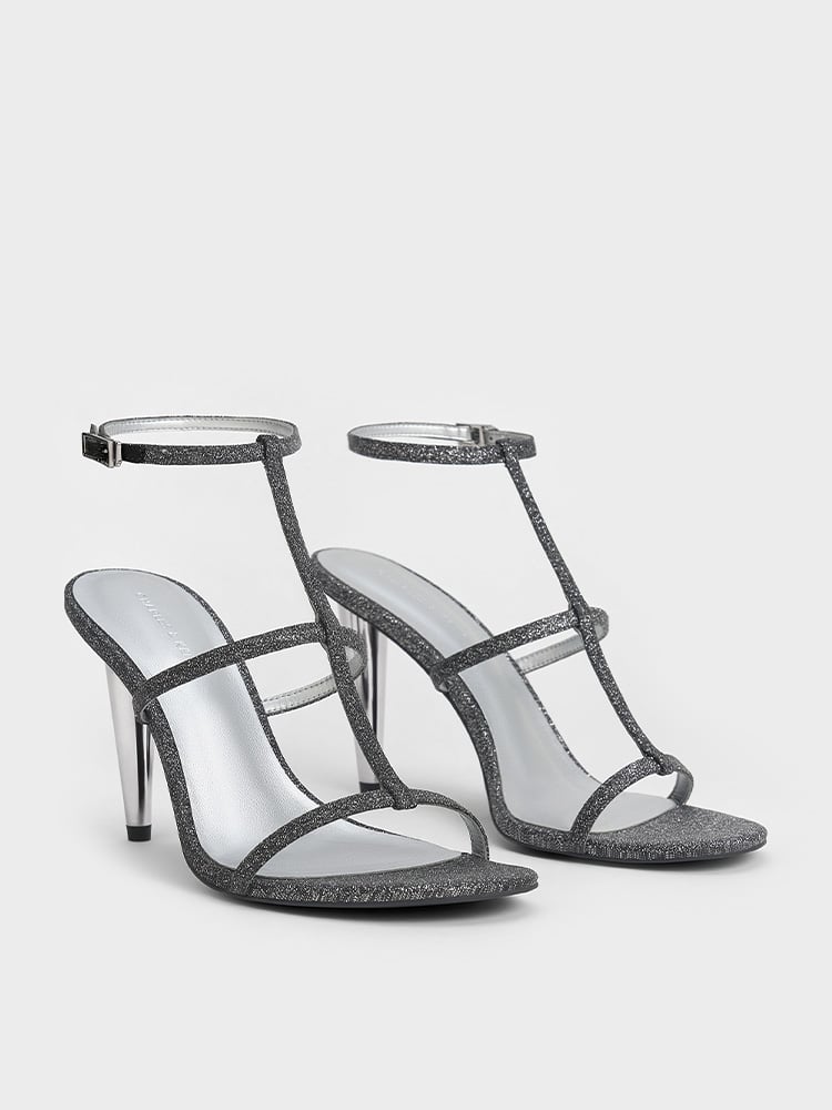 Women's Black-Textured Metallic T-Bar Ankle-Strap Sandals - CHARLES & KEITH