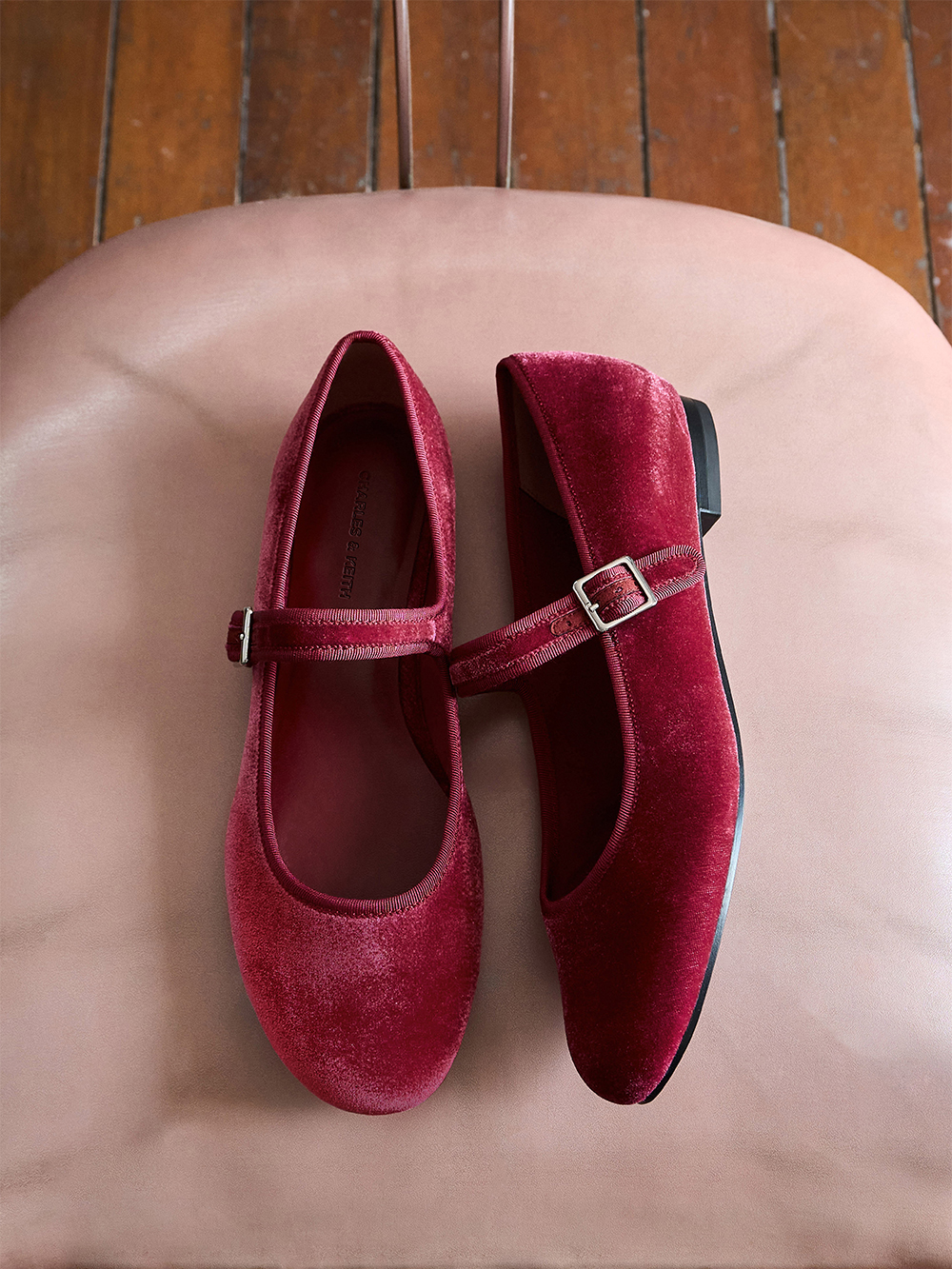 Women's Pink Velvet Buckled Mary Jane Flats - CHARLES & KEITH