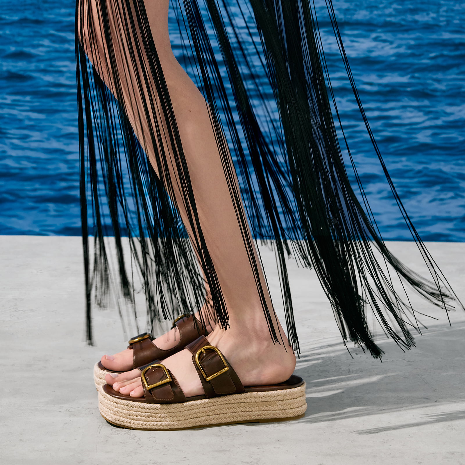 Brown Double-Strap Espadrille Flatform Sandals - CHARLES & KEITH