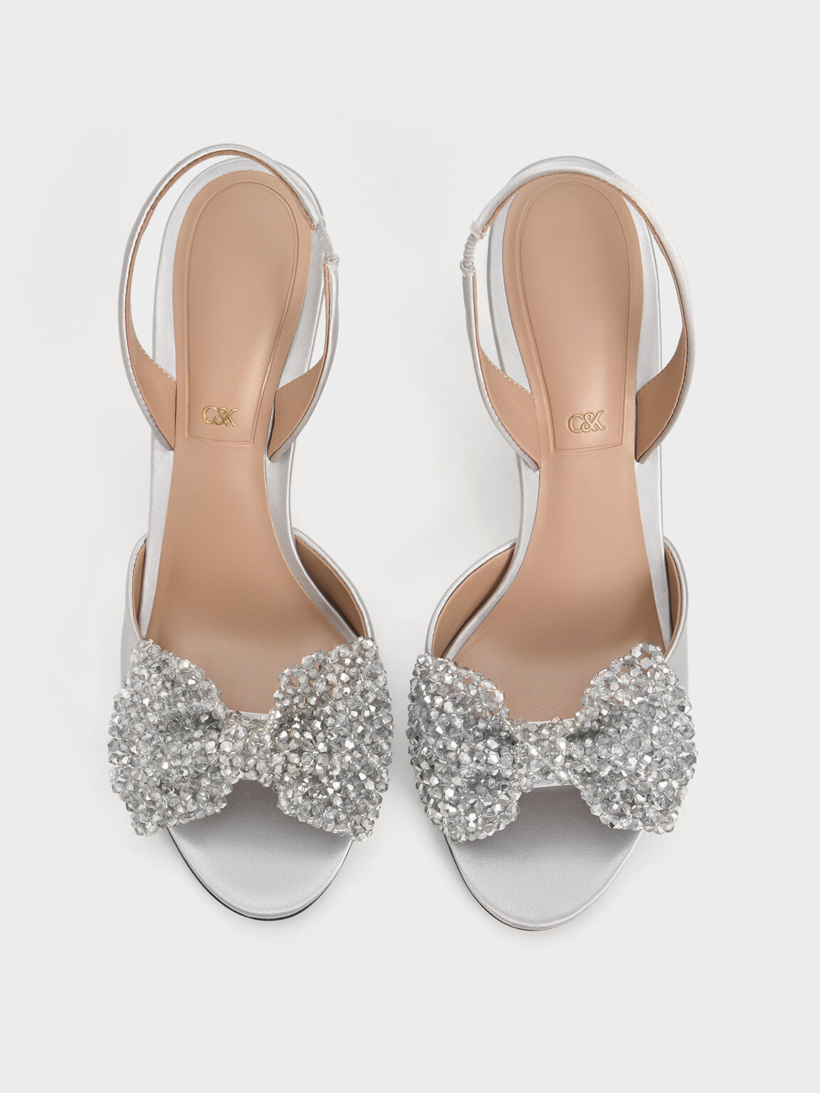 Women’s recycled polyester beaded bow slingback pumps in silver - CHARLES & KEITH