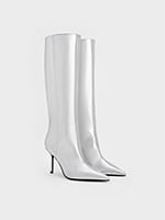 Silver Metallic Pointed-Toe Stiletto-Heel Knee-High Boots - CHARLES & KEITH