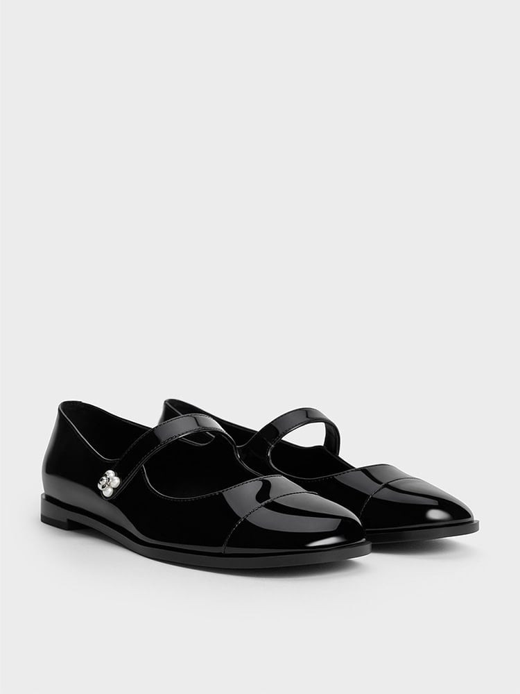 Black Patent Pearl-Embellished Flower-Buckle Cap-Toe Mary Janes - CHARLES & KEITH