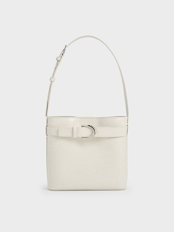 Women's White Gabine Leather Belted Bucket Bag - CHARLES & KEITH