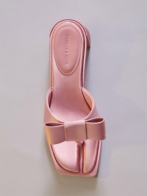 Women's Pink Satin Bow Heeled Thong Sandals