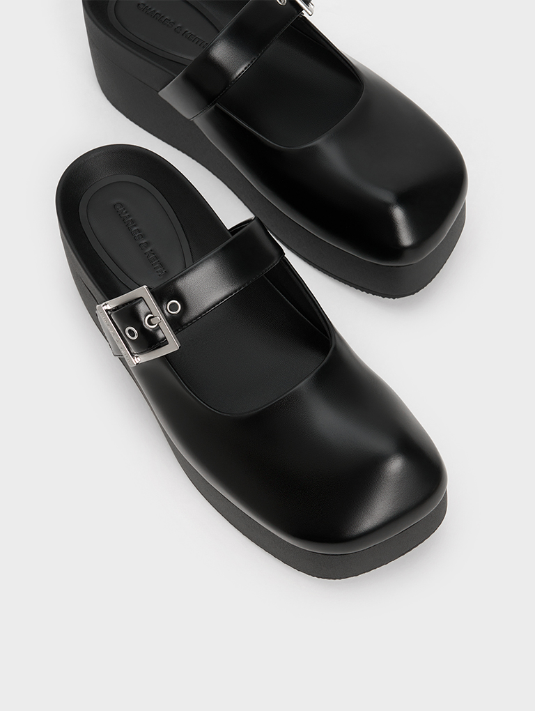 Women’s buckle-strap flatform mules in black – CHARLES & KEITH