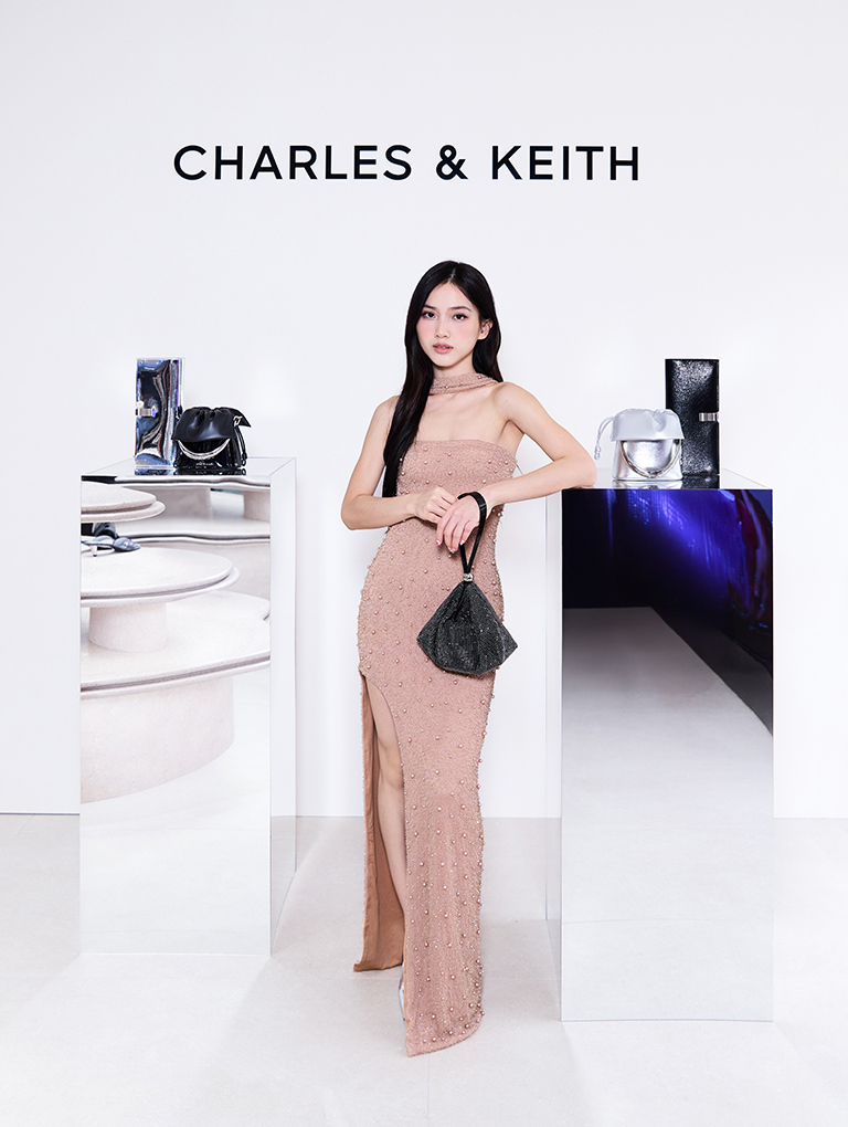 Glittered Cone-Heel Pointed-Toe Pumps and Crystal-Embellished Two-Way Bag, both in black - CHARLES & KEITH