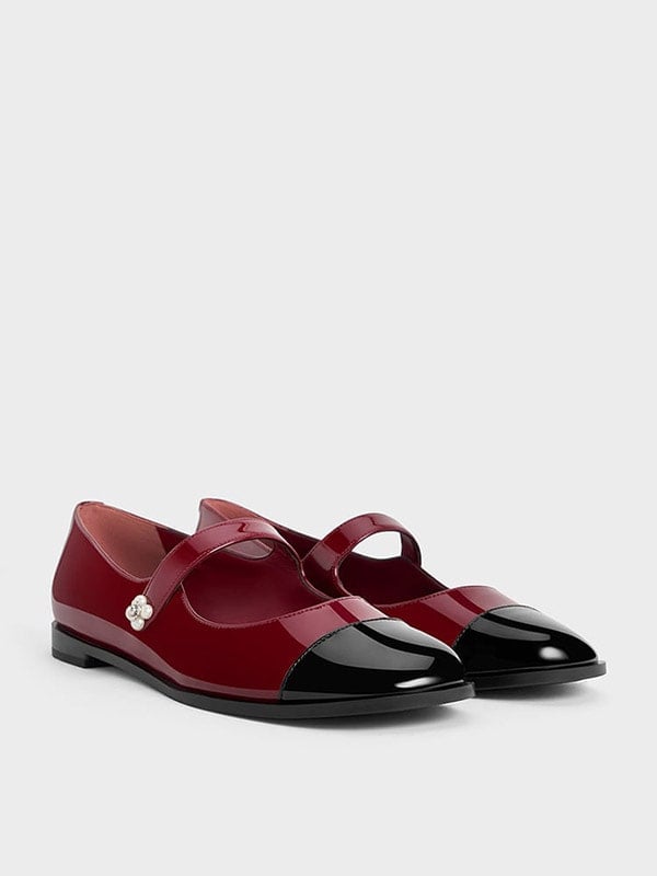 Maroon Patent Pearl-Embellished Flower-Buckle Cap-Toe Mary Janes - CHARLES & KEITH