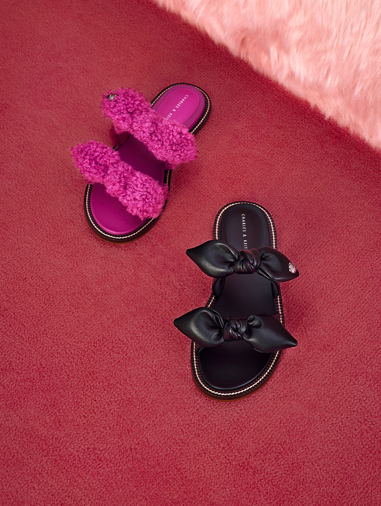 Women’s Lotso Furry Double Knotted Slide Sandals in fuchsia and Lotso Double Knotted Slide Sandals in black - CHARLES & KEITH