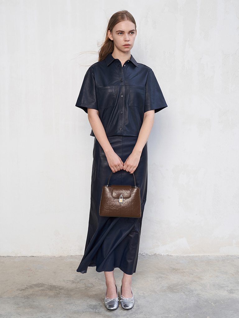 Women’s Suki crinkle-effect top handle bag in dark brown — CHARLES & KEITH