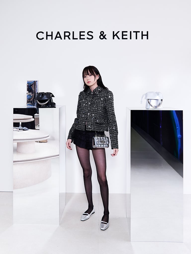 Metallic Square-Quilted Chain-Handle Bag and Metallic Bow Square-Toe Ballet Flats, both in silver - CHARLES & KEITH