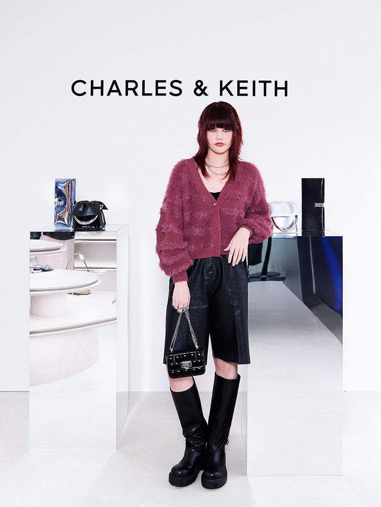 Patent Square-Quilted Chain-Handle Bag and Davis Buckled Fold-Over Boots, both in black - CHARLES & KEITH