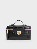 Black Arwen Croc-Effect Top Handle Vanity Bag - CHARLES & KEITH