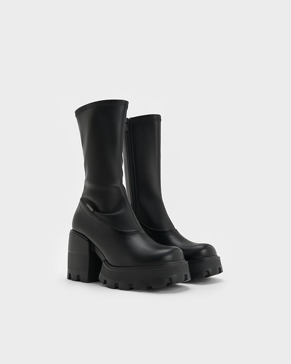 Women's Black Side-Zip Platform Calf Boots - CHARLES & KEITH