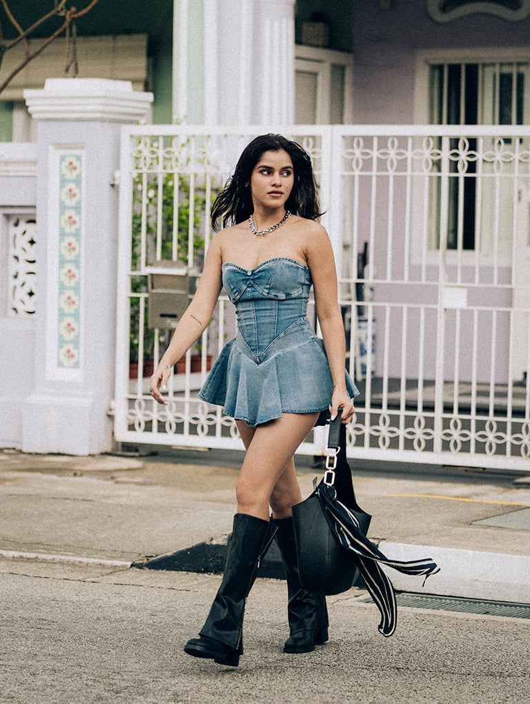 Agatha Chain-Accent Slouchy Hobo Bag and Louise Side-Zip Knee-High Boots, both in black - CHARLES & KEITH