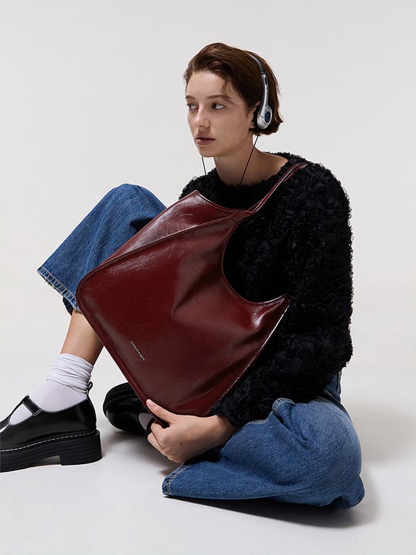 Burgundy Sianna Crinkle-Effect Slouchy Tote Bag - CHARLES & KEITH