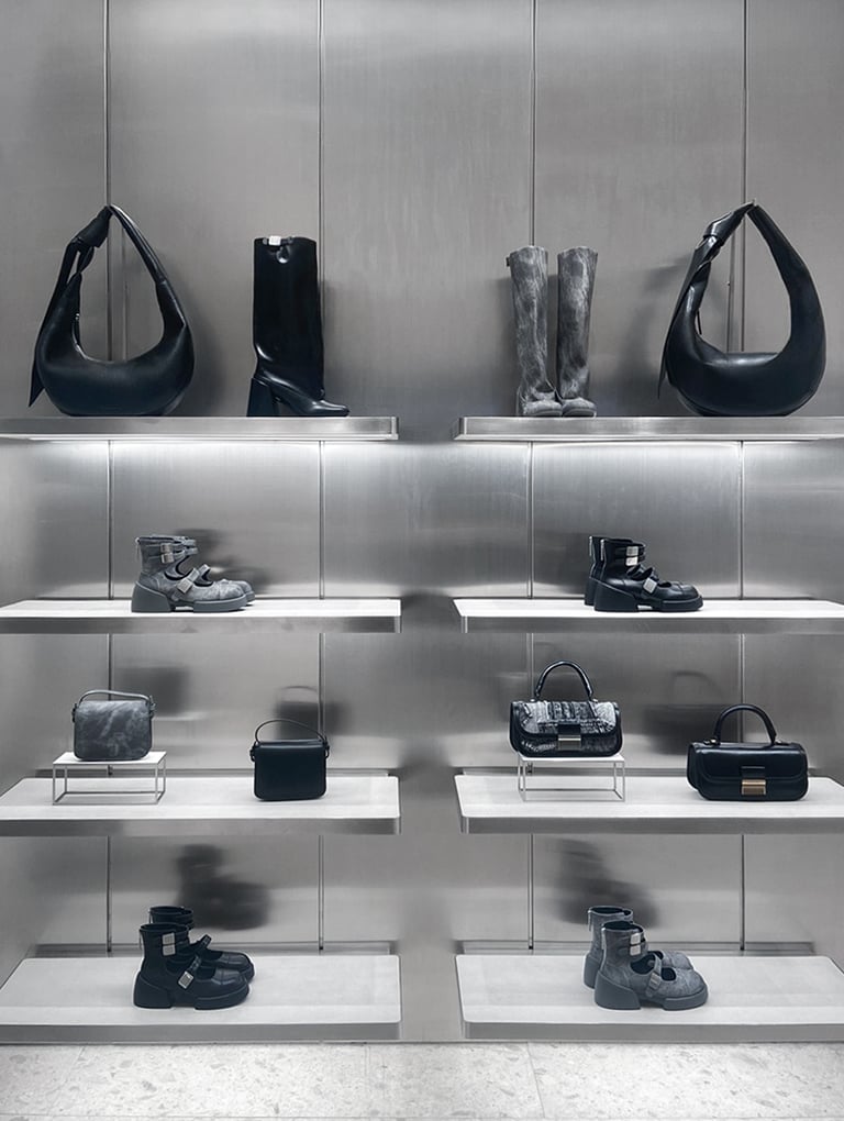 CHARLES & KEITH wall display featuring the latest shoes and bags of the Fall Winter 2024 collection