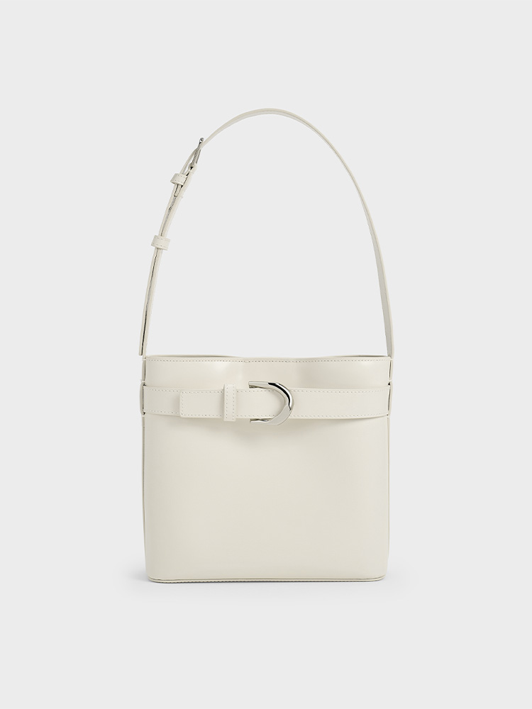 Women's White Gabine Leather Belted Bucket Bag - CHARLES & KEITH